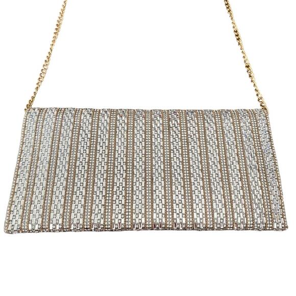 Aqua Beaded Chrystal Gold Chain Purse Clutch Handbag Evening Cocktail - Picture 6 of 8